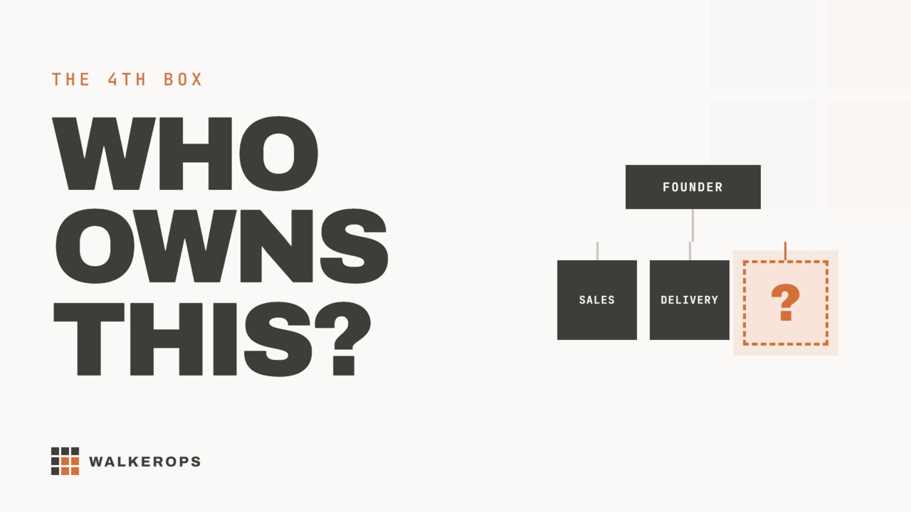 Thumbnail for "The Job Nobody Hired You For" — an org chart with Founder, Sales, and Delivery boxes filled in, and a fourth box marked with a question mark